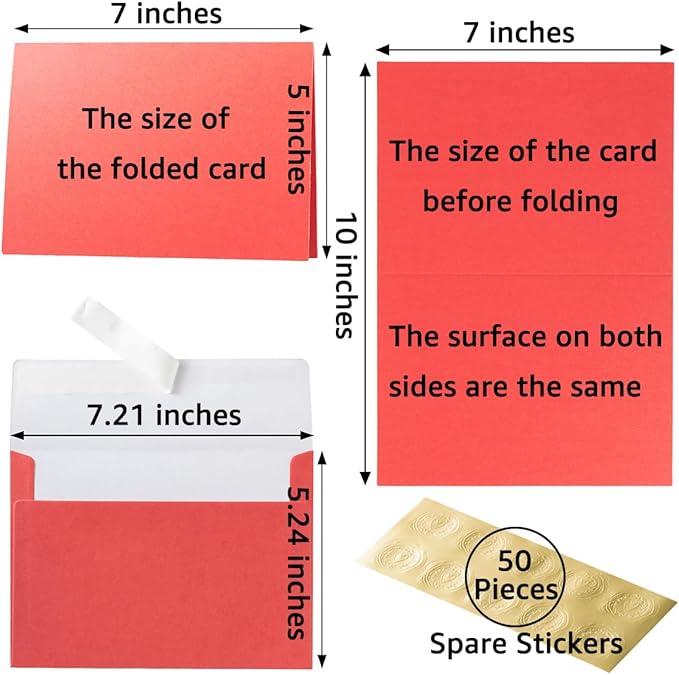 Wishop 50 Pack Shiny Self-Adhesive Envelopes with Shiny Fold Cards for Wedding Invitations, Greeting Cards, Baby Shower, Letter Mailing (Red, 5x7)