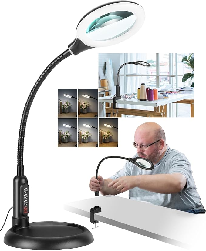 10X Magnifying Glass with Light and Stand, LED 5 Color Modes, Brightness Stepless Dimming Lighted Magnifier Hands Free, Flexible Gooseneck Desk Lamp with Clamp for Close Works, Crafts, Hobby, Painting