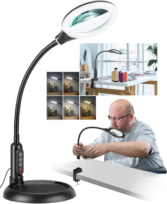 10X Magnifying Glass with Light and Stand, LED 5 Color Modes, Brightness Stepless Dimming Lighted Magnifier Hands Free, Flexible Gooseneck Desk Lamp with Clamp for Close Works, Crafts, Hobby, Painting