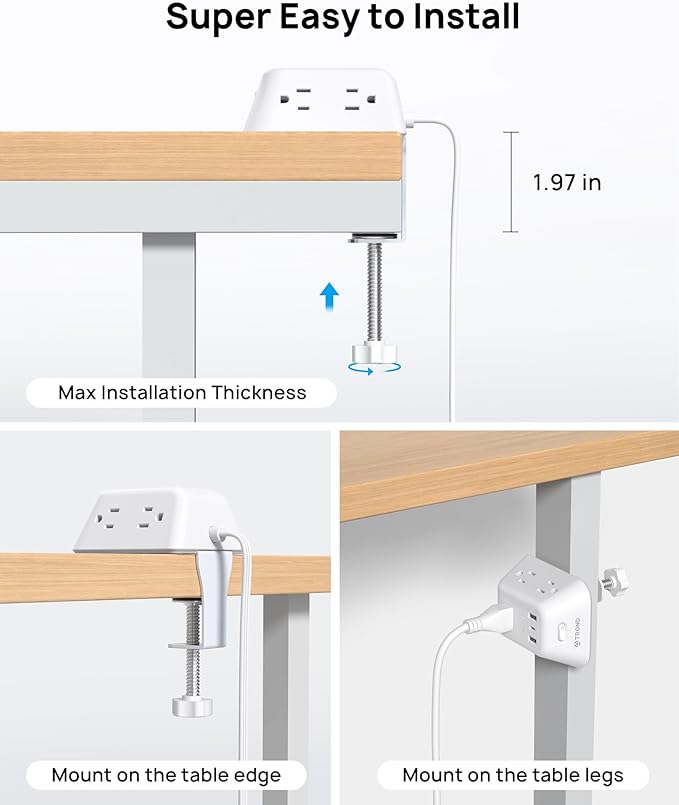 Desk Clamp Power Strip, Surge Protector with 5 AC Outlets and 3 USB Ports, Desk Mount Charging Station, Fit 1.97in Tabletop Edge Thick, 10FT Extension Cord, for Home Office Gaming Accessories