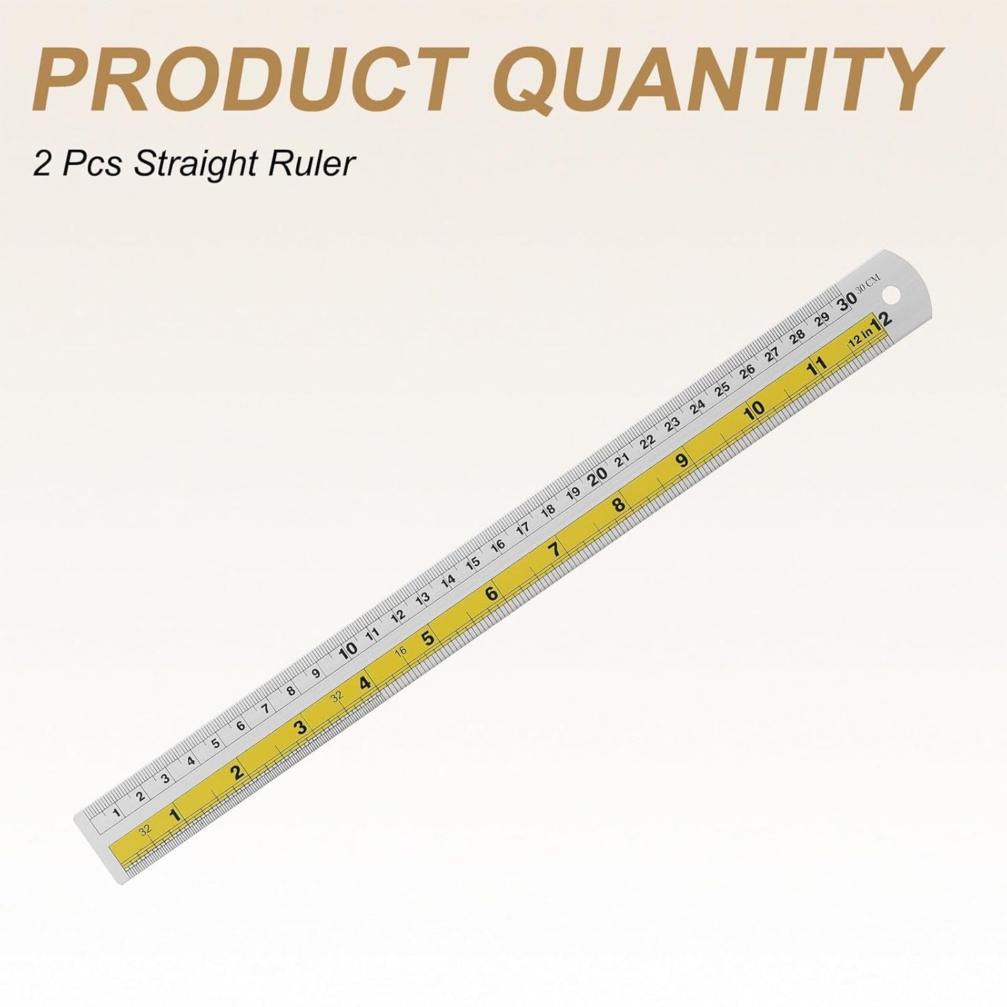 HARFINGTON 2pcs Metal Straight Ruler 30cm Metric SAE Aluminum Alloy Measuring Rulers Scale Tool with Hole for Measure Study Reading Classroom Office, Yellow
