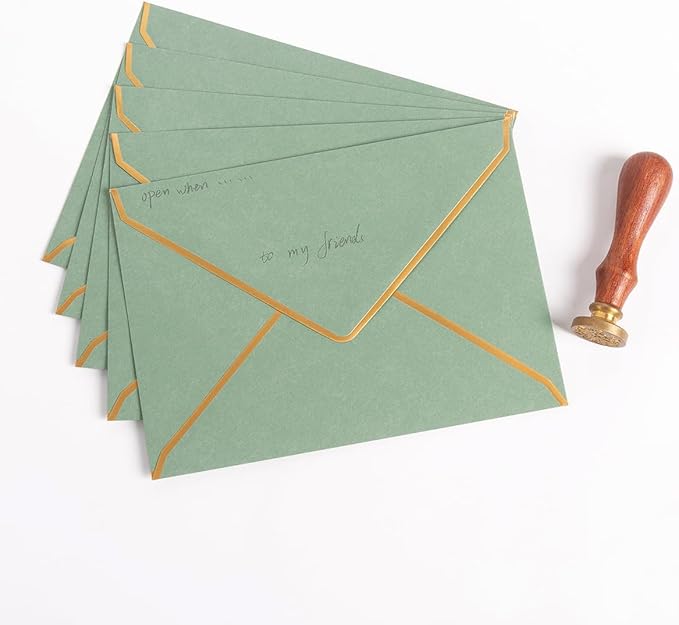 50 Pack A6 Envelopes Sage Green 4x6 Self-Adhesive V Flap Envelopes with Gold Border for Office, Greeting Card, Wedding, Graduation, Baby Shower, Parties, Invitations (Sage Green, 4x6)