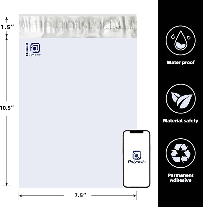 POLYSELLS 100 pcs 7.5x10.5 Inches White x Silver Poly Mailers Shipping Envelopes, Strong Adhesive Sealing, Waterproof, and Tear-resistant Postal Mailing Bags for Clothing, Books, and Accessories