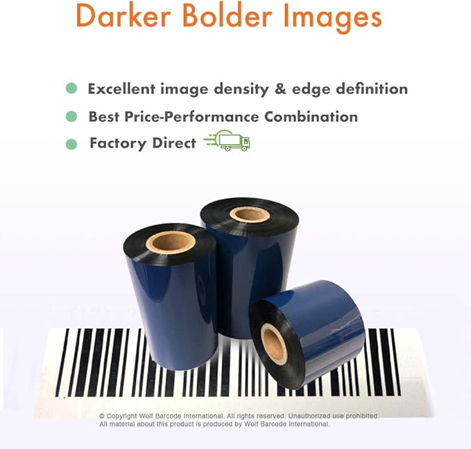 6 Rolls Wolfbarco 6.5" x 1476' (165mm x 450m) Black Premium Resin-Enhanced Wax Thermal Transfer Ribbon Compatible with Zebra,TEC, INTERMEC,Citizen,TSC,GODEX,ARGOX Printers