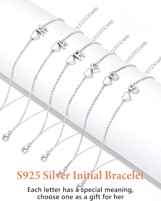 Silvora 925 Sterling Silver Dainty Initial Bracelet with Heart - 6.3" + 2" Adjustable Personalized 26 Letter Bracelet Jewelry Heart Bracelet for Women
