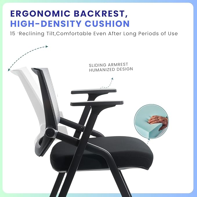 Conference Room Chairs, Folding Office Desk Chair with Lumbar Support and Sliding Armrest with Casters, Stackable Office Guest Chairs & Reception Chairs (2 Pack)