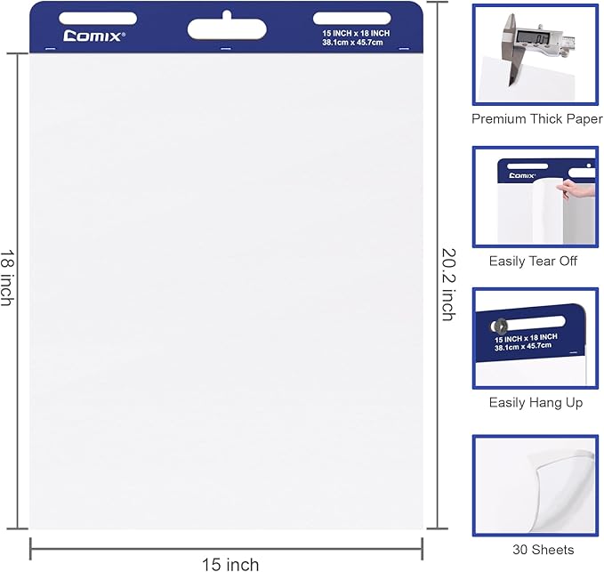 Comix Mini Size Sticky Easel Pad, 15 x 18 Inches Flip Chart Paper for Teachers, Anchor Chart Paper for Office, 30 Sheets/Pad, 12 Pads/Pack