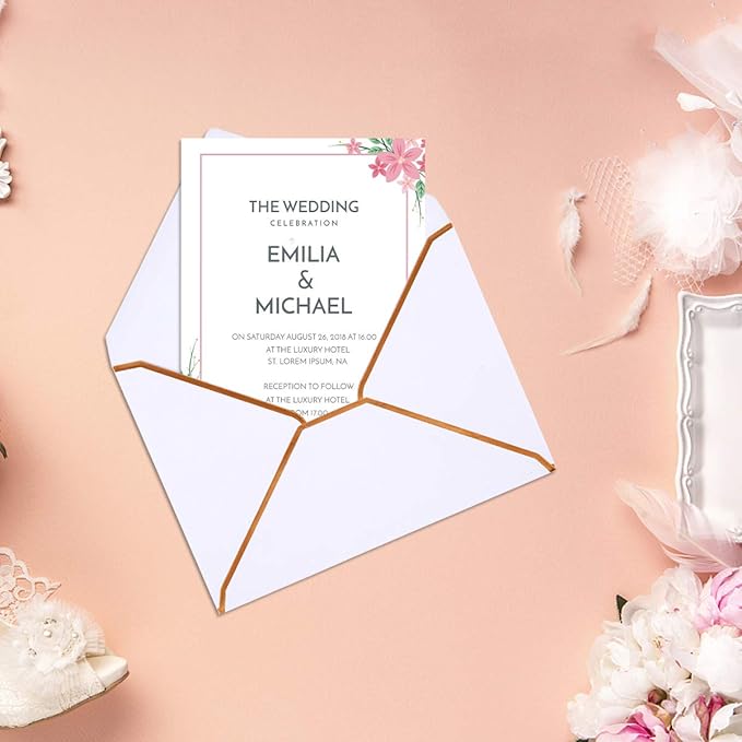 50 Pack White A6 Envelopes 4x6 Self-Adhesive V Flap Envelopes with Gold Border for Office, Greeting Card, Wedding, Graduation, Baby Shower, Parties, Invitations (White, 4x6)
