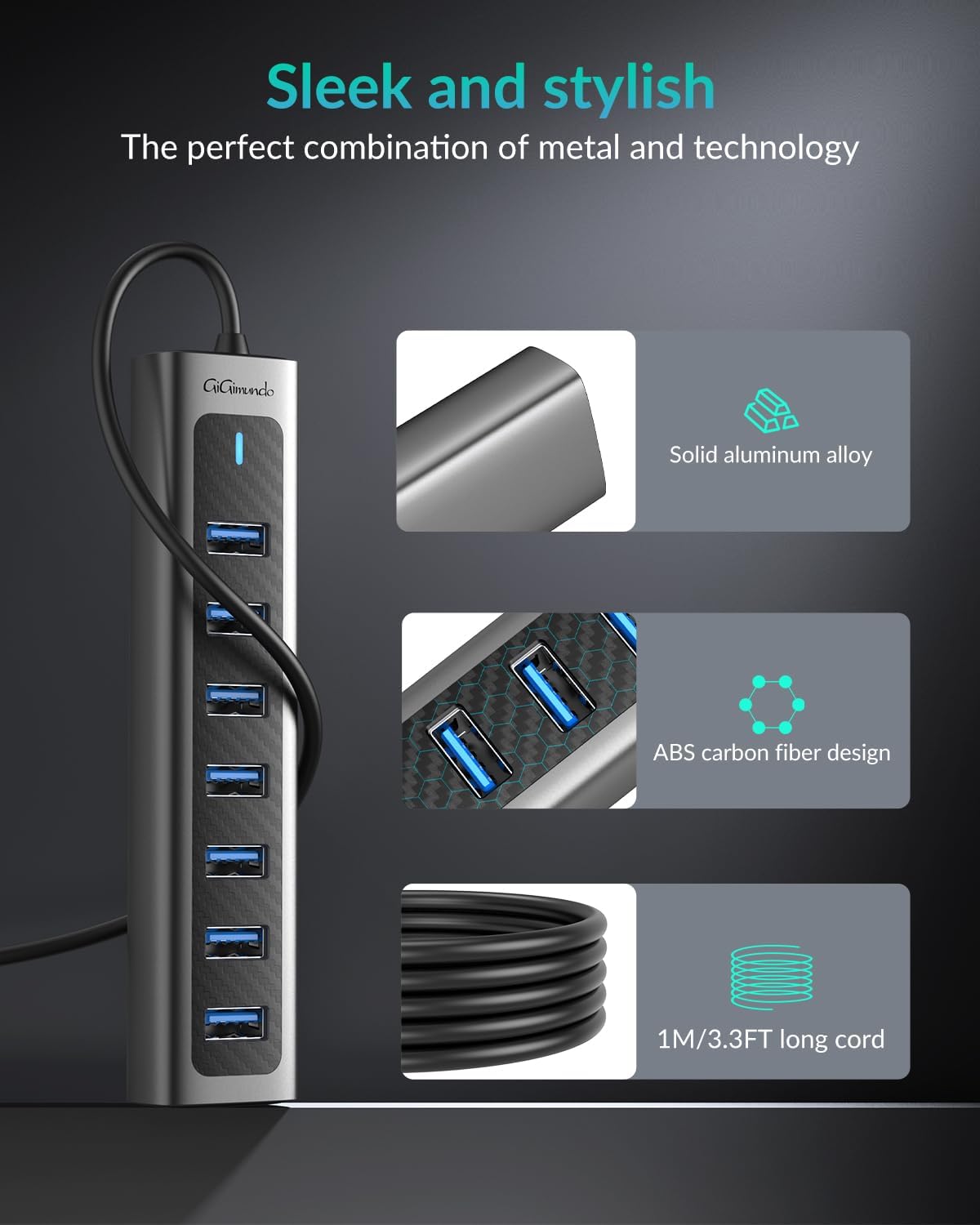 GM7U 7-Port USB 3.0 Hub, 3.3FT Long Cable, Aluminum, High-Speed, Multi Port Extender Hub, External Expansion Data Hub for PC Laptop, Desktop Computer, Older Mac, Black Grey