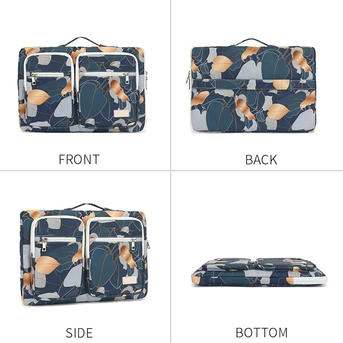 canvaslife 360° Protective Laptop Sleeve Case Bag with 3 Pockets for 14 inch Dell HP Lenovo Laptop and MacBook Pro 14 inch,Surface Laptop 14.4 inch (Blue leaf)