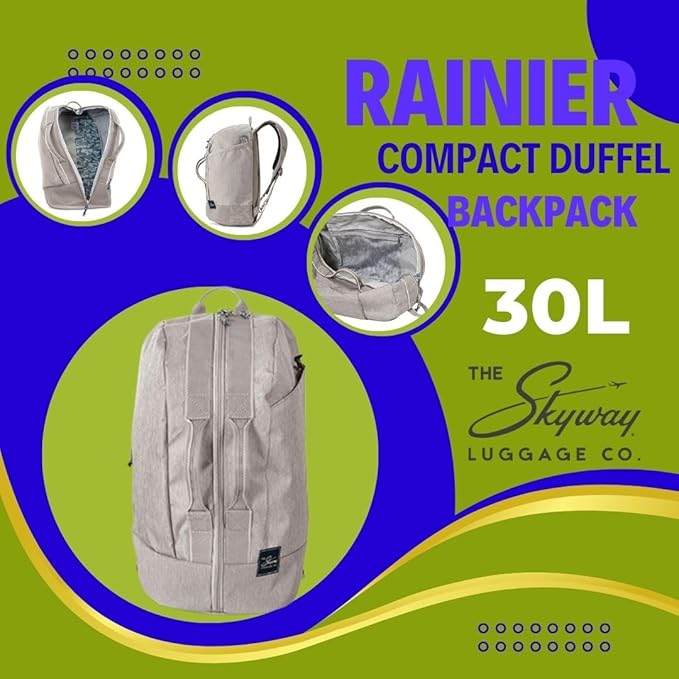 Skyway Luggage Rainier Compact Duffel Backpack, Eco-Friendly, Made of 100% rPET Travel Laptop Bag for Women & Men, Flight Approved Carry On Bag, 30L, Zion Gray