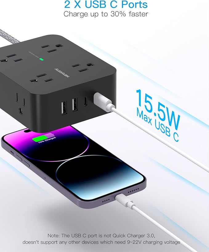 Extension Cord 6 Feet, Surge Protector Power Strip Long Cord with 8 Outlets 4 USB Ports(2 USB C), Wall Mount, 1080J Surge Protection, Desk Charging Station for for Home, Office, Dorm Room Essentials