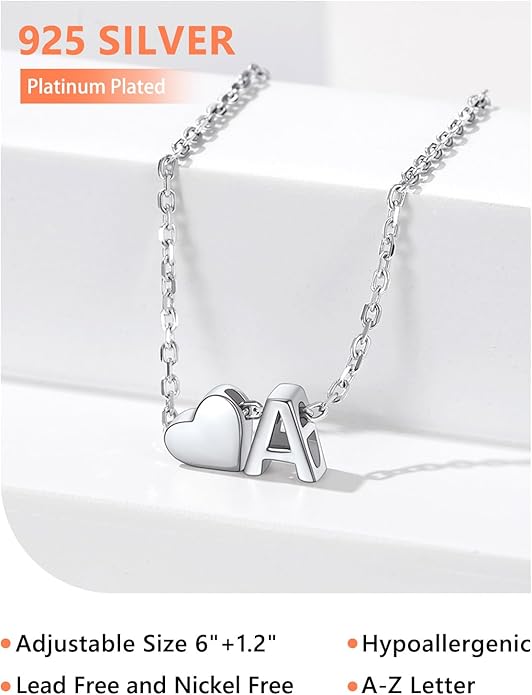 Silvora 925 Sterling Silver Dainty Initial Bracelet with Heart - 6.3" + 2" Adjustable Personalized 26 Letter Bracelet Jewelry Heart Bracelet for Women