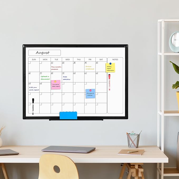 Monthly Calendar Dry Erase Whiteboard, 24" x 18" Magnetic Calendar White Board, Double-Sided Portable Board with Black Aluminium Frame for Office, Kitchen, School, Home