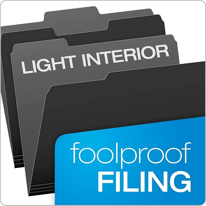Pendaflex File Folders Letter Size - 1/3-Cut Tab -Interior Folders for Documents - Black - 100 Per Box