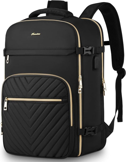 Travel Backpack for Women, Carry On Backpack for Airplanes Flight Approved, Waterproof Large Weekender Overnight Bag Fit 15.6 Inch Laptop with USB Charging Port, Black