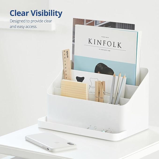 BLUE GINKGO Desk Organizer – Korean-Made Office Storage for Pens, Notes, Mail, and Supplies (White)