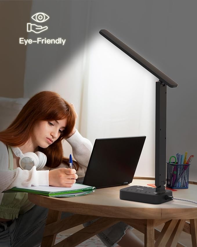 Addtam LED Desk Lamp, Power Strip with 3 Outlets 4 USB Charging Ports(2 USBC), 4 Modes 5 Level Brightness Touch Lamp, Small Desk Lamp for Home Office College Dorm Room Essentials