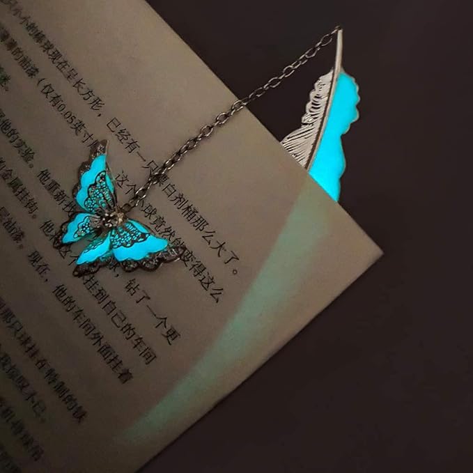 2 Pack Feather Metal Bookmark with Luminous 3D Butterfly Pendant & Dragon, Unique Glow in The Dark Bookmark Gift for Men Women (Dragon & Butterfly)