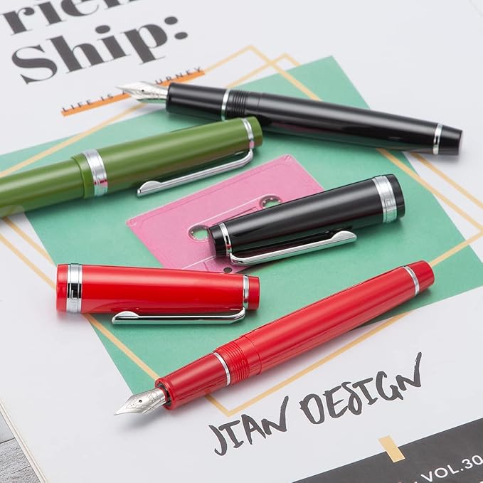 Jinhao 82 Red Acrylic Fountain Pen, Iridium Extra Fine Nib Classic Design Smooth Writing Pen with Ink Converter (Silver Trim)