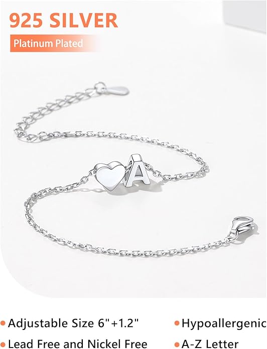 Silvora 925 Sterling Silver Dainty Initial Bracelet with Heart - 6.3" + 2" Adjustable Personalized 26 Letter Bracelet Jewelry Heart Bracelet for Women