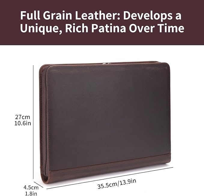 Genuine Leather Portfolio Binder, Zippered Padfolio for Men Women, Business Folio with 8.5” x 11” Notebook Holder and 13” Laptop Sleeve, Professional Executive Folder, Dark Brown