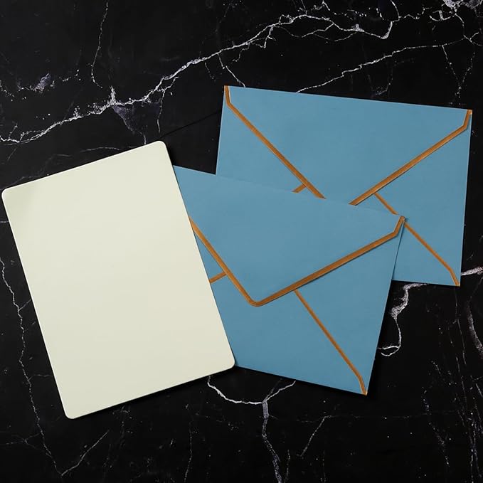 50 Pack A7 Envelopes Dusty-Blue 5 x 7 Self-Adhesive V Flap Envelopes with Gold Border for Office, Greeting Card, Wedding, Graduation, Baby Shower, Parties, Invitations