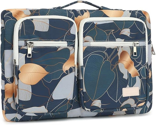 canvaslife 360° Protective Laptop Sleeve Case Bag with 3 Pockets for 14 inch Dell HP Lenovo Laptop and MacBook Pro 14 inch,Surface Laptop 14.4 inch (Blue leaf)