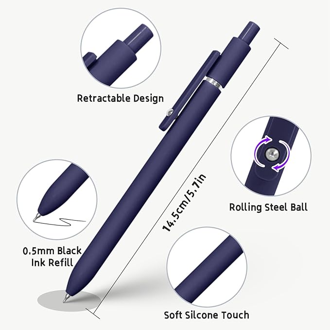 UIXJODO Gel Pens, 10 Pcs 0.5mm Black Ink Pens Fine Point Smooth Writing Pens with Silicone Grip, High-End Series Metal Clip Retractable Pens for Journaling Note Taking (10 Pcs Vintage)