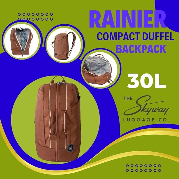 Skyway Luggage Rainier Compact Duffel Backpack, Eco-Friendly, Made of 100% rPET Travel Laptop Bag for Women & Men, Flight Approved Carry On Bag, 30L, Moab Red