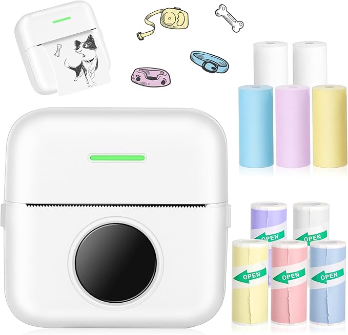 Mini Thermal Printer, Inkless Sticker Printer with 10 Rolls Printing Paper for Android or iOS APP, Portable Bluetooth Printer, Mini Pocket Printer for Journal, Notes, Kids Gift, Receipts