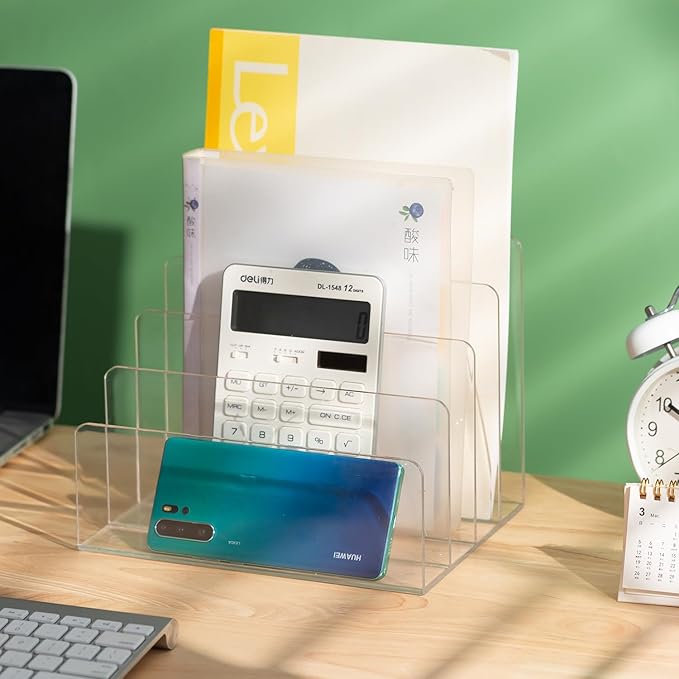 Sooyee File Organizer for Desk, Mail Organizer Countertop,4-Section File Holder for Home Office,Book Organizer,Acrylic Desk Organizer for Letter, Document, Notebook, Binder, Purse, Palette,Clear