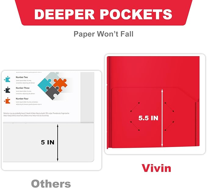 Heavy Duty Plastic Folder, 60 Pack, Pocket Folder with brads, Letter Size Poly File, Plastic Folders with 3 Prongs Fasteners - Red