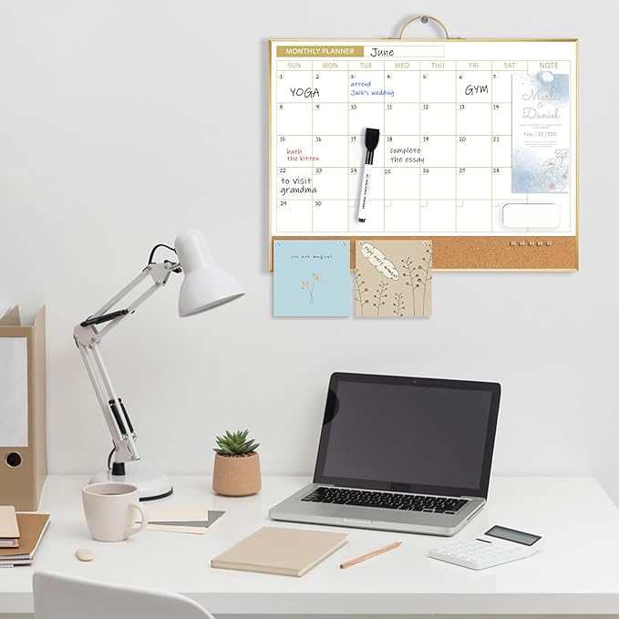 ARCOBIS Dry Erase Calendar with Cork Board for Wall, 12"x16" Magnetic Monthly Calendar Whiteboard with Gold Frame, Double-Sided Planner & White Board for Home, Office, School