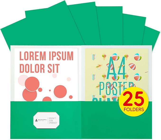 25Pcs Green Folders, Folders with Pockets, 2 Pocket Folders, Folders with Pockets Bulk, Holds 100 Sheets (50 per Pocket), Assorted Colors, Office Or School, pmy015