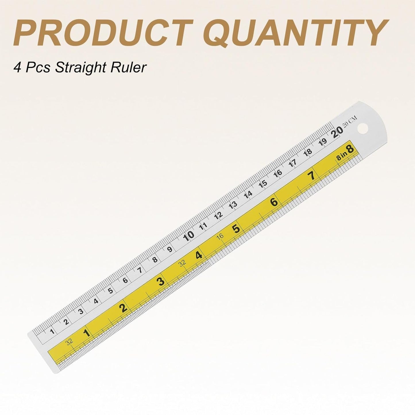 HARFINGTON 4pcs Metal Straight Ruler 20cm Metric SAE Aluminum Alloy Measuring Rulers Scale Tool with Hole for Measure Study Reading Classroom Office, Yellow