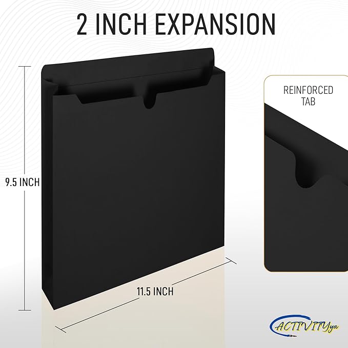 Black File Jackets, 2 Inch Expansion, Letter Size, Reinforced Straight-Cut Tab, 6 Pack