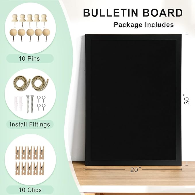 Large Cork Board Double-Sided Bulletin Board with Linen 30"x 20", Black Cork Boards for Walls Wood Frame Hanging Pin Board, Cork Board for Office Home School 1-Pack