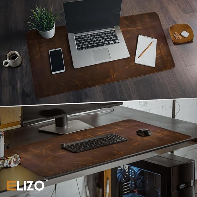 Leather Desk Pad (Real) Leather Desk Mat Set (32x16) Large Desk Cover Desk Blotter Desk Protector Computer Mat for Keyboard Gaming Mouse Pad Table Laptop Office Desktop Accessories Antique 2mm ELIZO