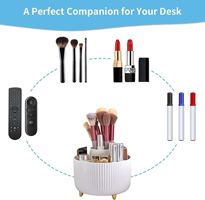 Marbrasse Desk Organizer, 360-Degree Rotating Pen Holder for Desk, Desk Organizers and Accessories with 5 Compartments Pencil Organizer, Art Supply Storage Box Caddy for Office, Home （White）