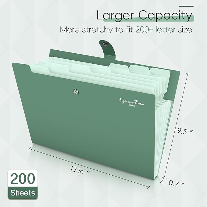 Sooez Elegant Accordion File Organizer with Labels, 8 Pocket Expanding File Folder, Portable Folders for Documents, Cute Paper Organizer for School Office Supplies, Letter Size, Light Green