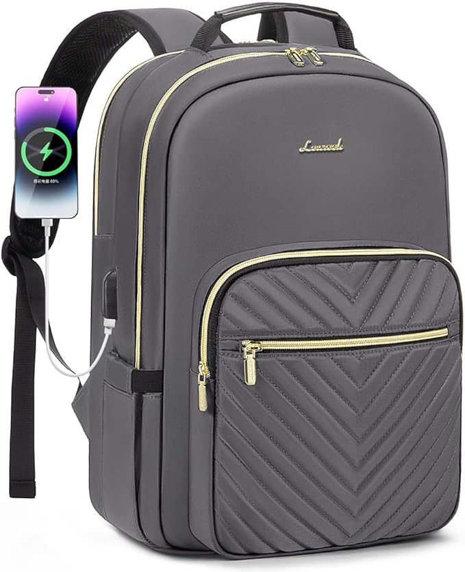 LOVEVOOK Laptop Backpack for Women 15.6 inch,Cute Womens Travel Purse,Professional Computer Bag,Waterproof Work Business College Teacher Bag Carry on with USB Port,Purple Gray