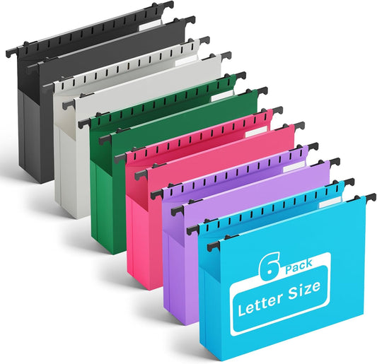 Ansook Extra Capacity Plastic Hanging File Folders Letter Size,Heavy Duty 2" Expanding Accordian Pocket with Black Insert Gasket, Filing Cabinet Folders,6 Pack Colored File Hanging Folders Organizer