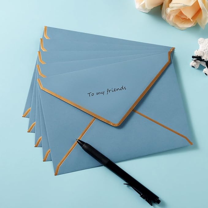50 Pack A7 Envelopes Dusty-Blue 5 x 7 Self-Adhesive V Flap Envelopes with Gold Border for Office, Greeting Card, Wedding, Graduation, Baby Shower, Parties, Invitations