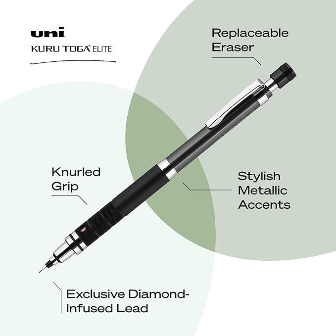 Uniball Kuru Toga Elite Mechanical Pencil Starter Kit with Gun Metal Barrel and 0.5mm Pencil Tip, 60 Lead Refills, and 5 Pencil Eraser Refills, HB #2, Office/School Supplies, Drafting