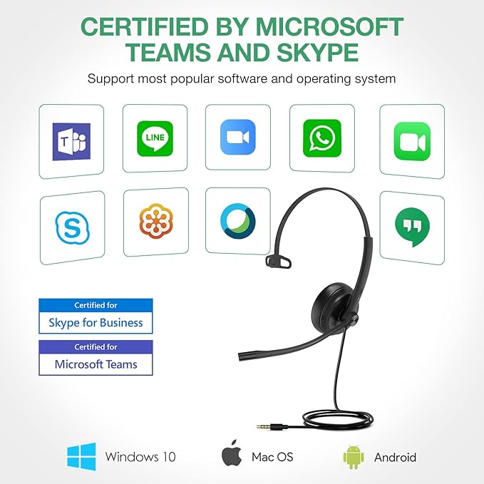 Yealink UH34 Wired Headset with Mic, 3.5mm Mono Headphones Noise Canceling Microphones,Teams Certified Work Office Headset for Computer PC Mac Laptop Tablet Smartphone