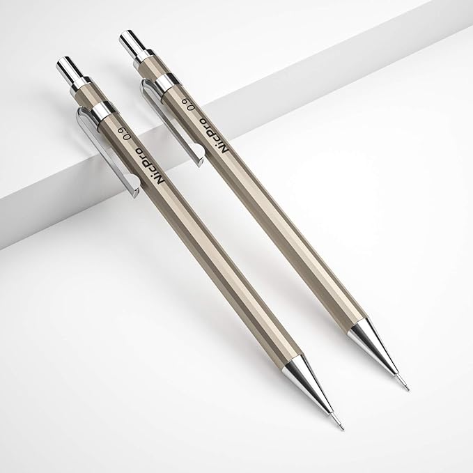 Nicpro 2 PCS 0.9 mm Metal Mechanical Pencils Set, Drafting Pencil for Artist Writing, Sketching, Drawing, with 4 Tubes HB Lead Refill & Erasers, Erasers Refills & Storage Case