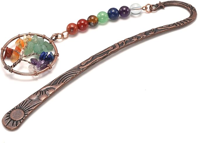 Jovivi Antique Copper Metal Bookmark Beading Bookmarks with Handmade 7 Chakra Healing Crystals Tree of Life Tumbled Gemstones/Swirl Round Beads Dangle (Mixed 2pcs)