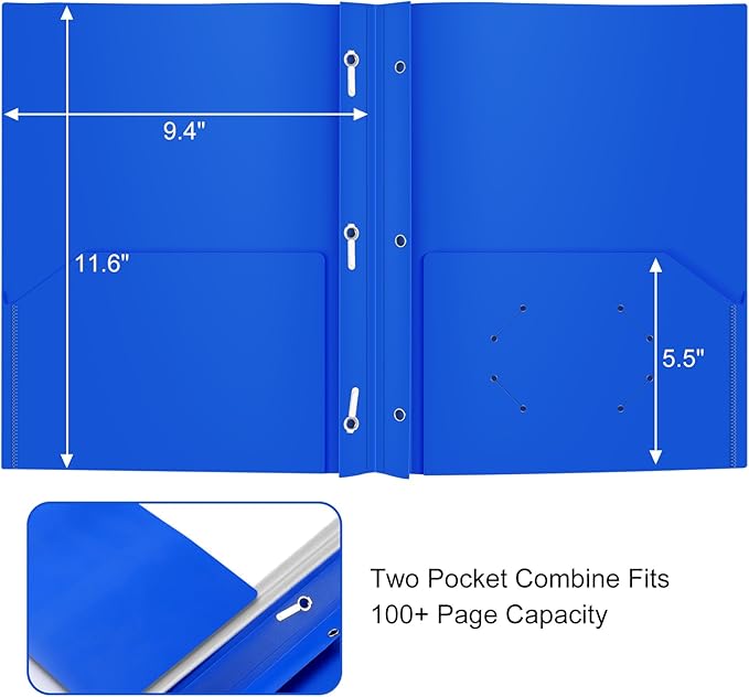 ViVin Sturdy Plastic Folders with Pockets, Two Pockets Folder with 3 Prongs, fits 9 * 12 Letter Size Paper, for School Home Office (Assorted Color)