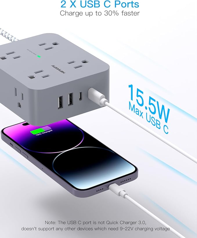 Power Strip with USB C Ports(2 USB C), 8 Outlets Surge Protector with 5 Ft Extension Cord, Flat Plug Wall Mount, Desk Charging Station for Home Office, ETL Listed Gray